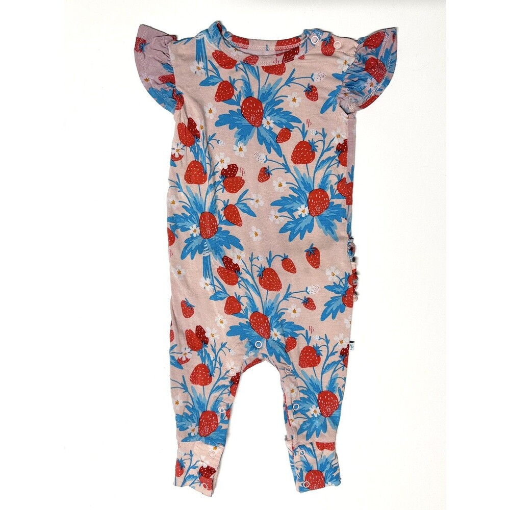 Posh Peanut Strawberry Print Pink Ruffled One-Piece Snap Sleeper 12-18 months